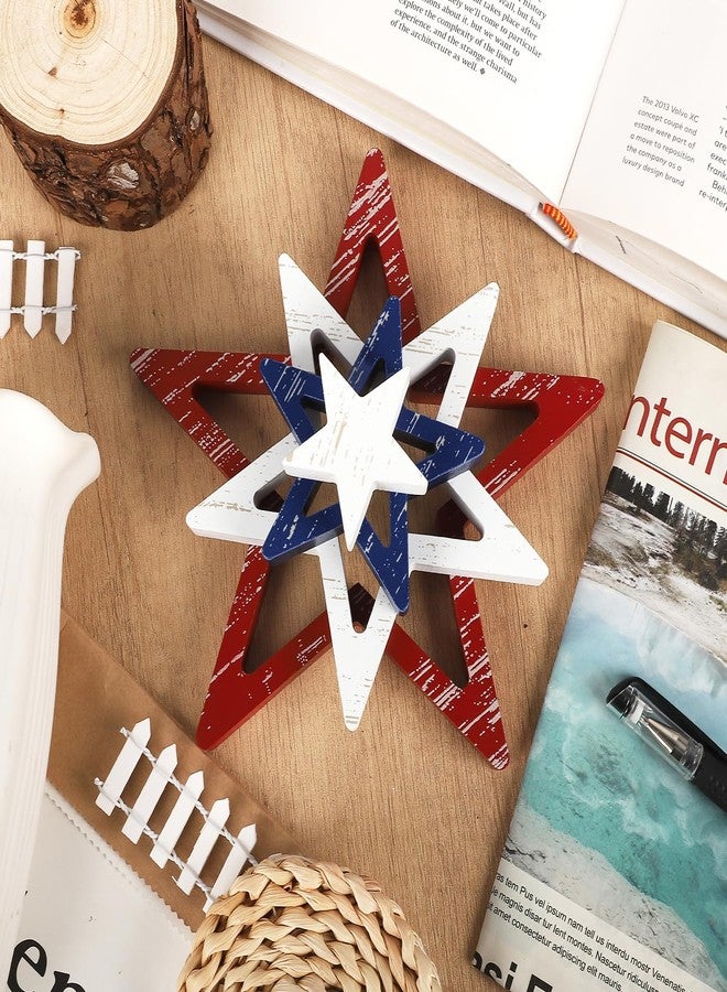 COCHIE 4th of July Decorations Stars Set of 4, Red White Blue Decor, Patriotic Memorial Day Star Tiered Tray Decor, Labor Day Fourth of July Decoration for Home Office Table Shelf (Retro Solid) - Image 3